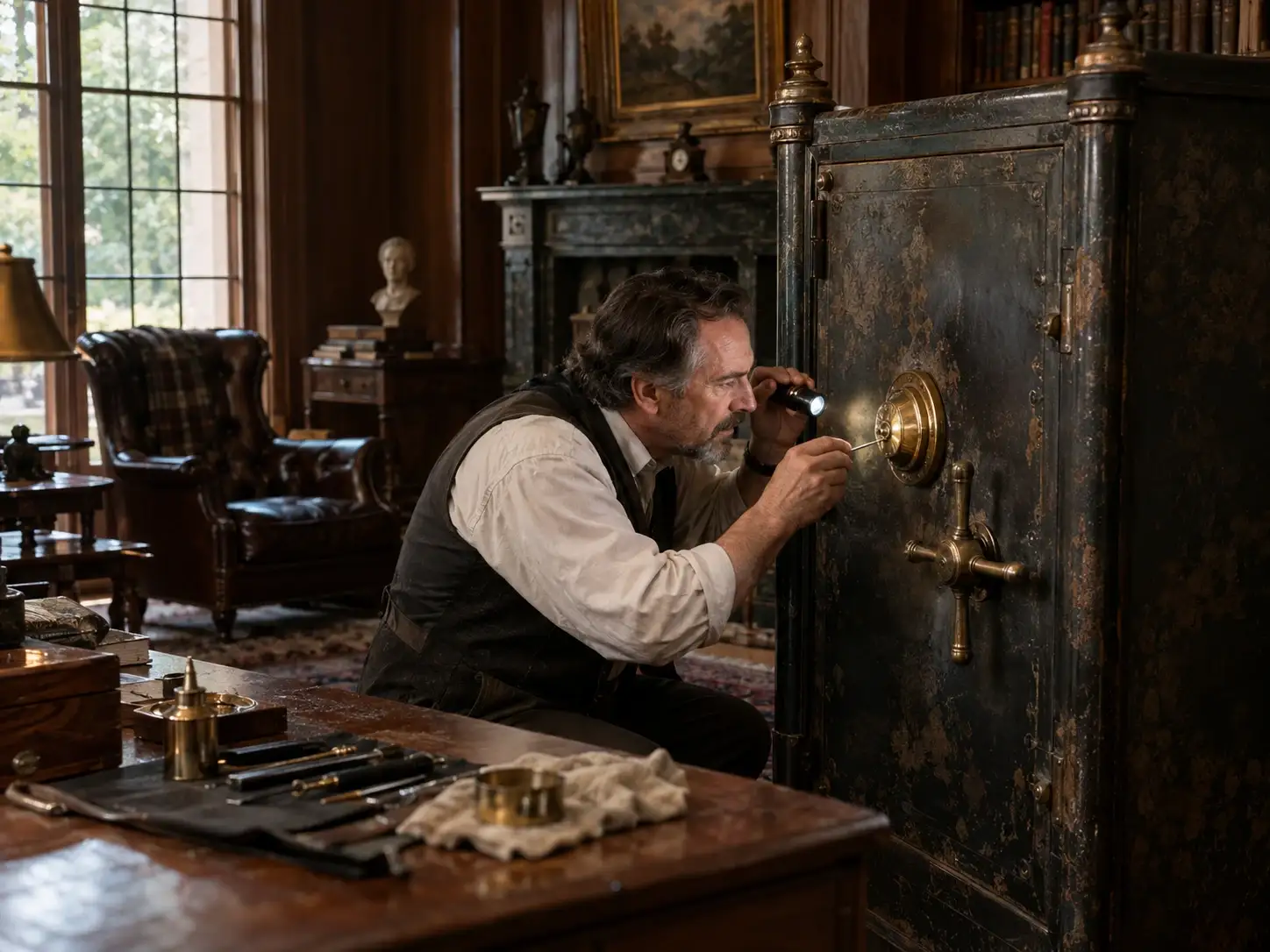 Specialist inspecting the lockwork of an old safe